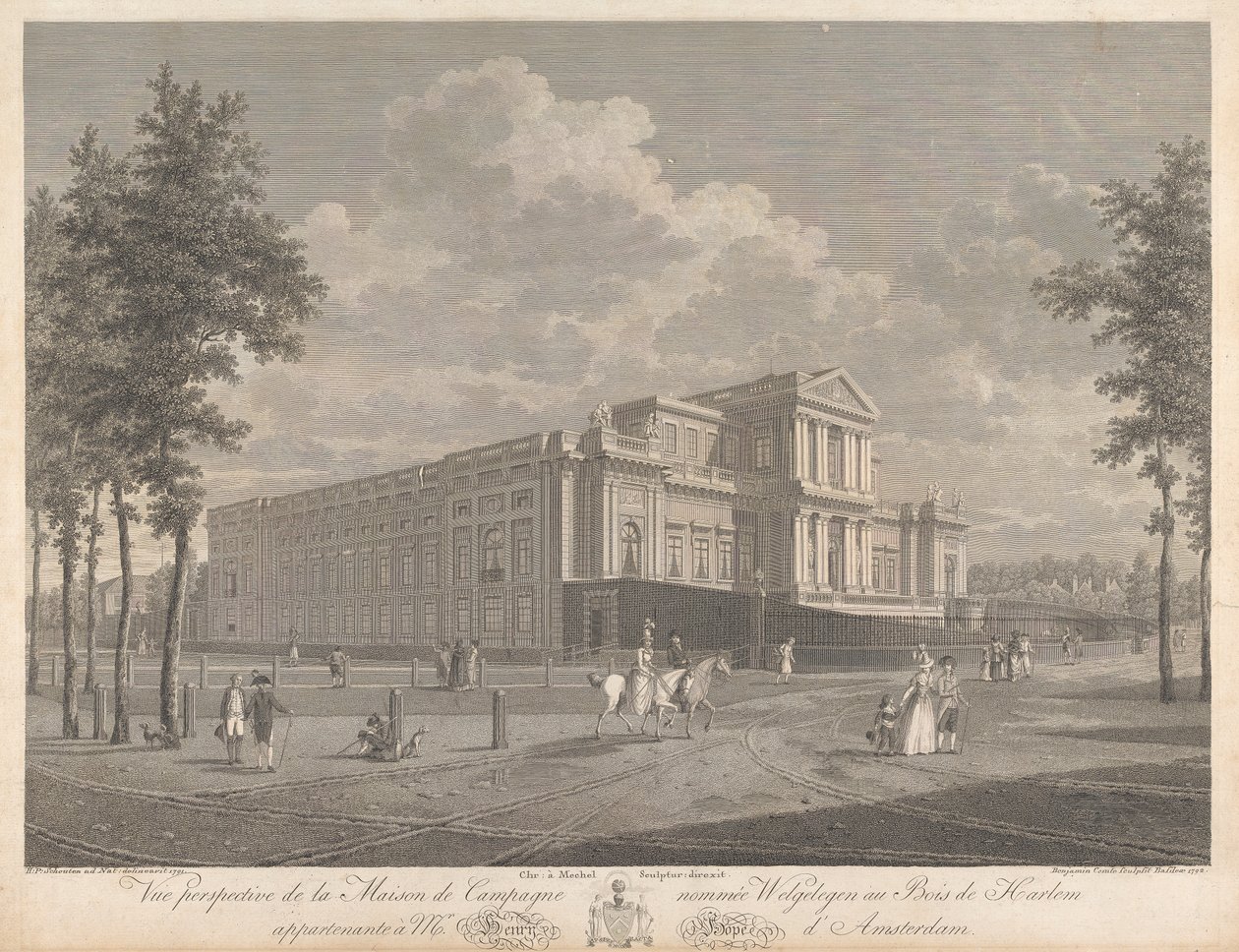 Welgelegen: Perspektivní pohled na venkovský dům jménem Welgelegen v Harlem Wood, patřící panu Henry Hope z Amsterdamu od Christian von Mechel