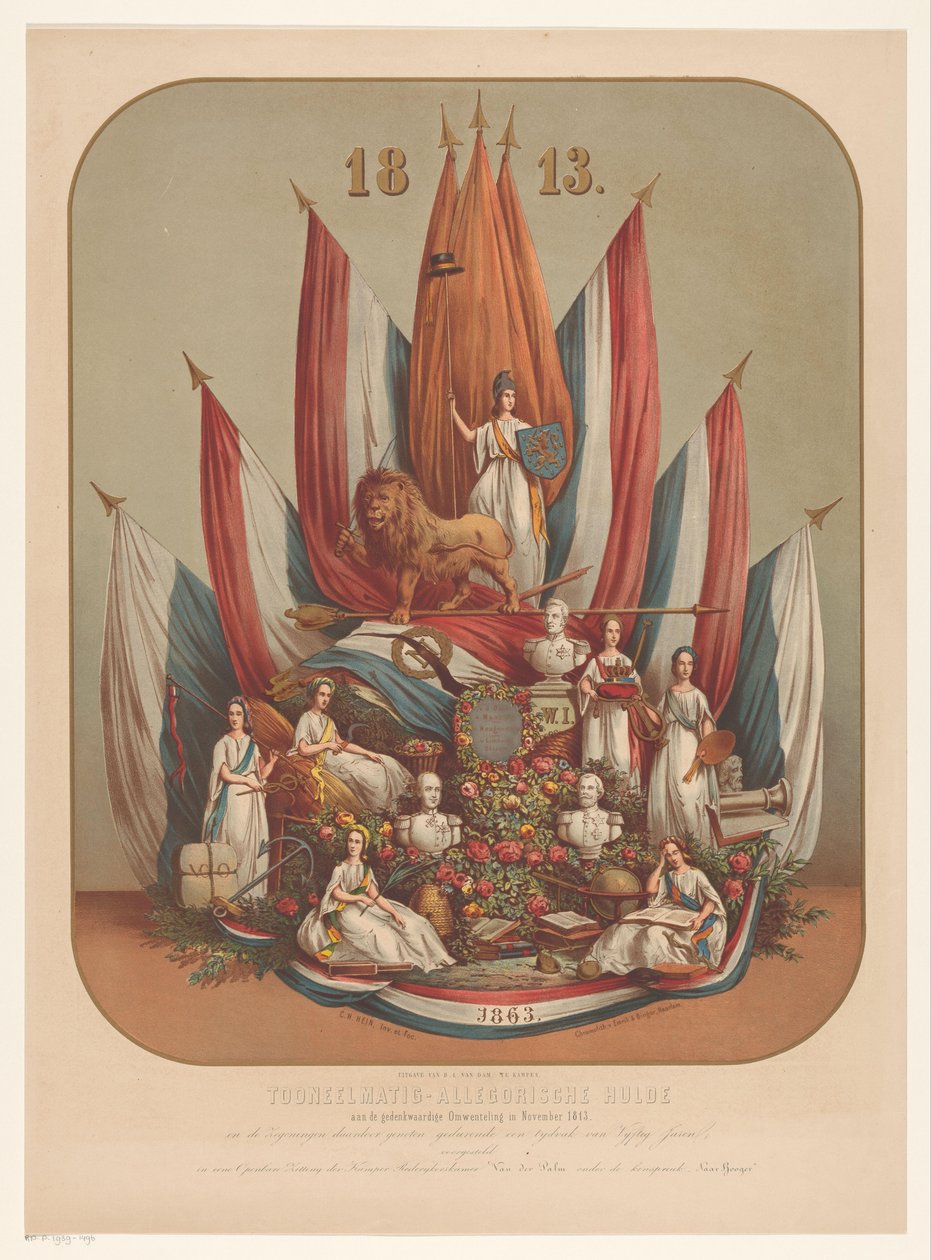 Alegorické znázornění významné revoluce v listopadu 1813 Divadelně-alegorická pocta památné revoluci v listopadu 1813 (...) (název na objektu) od Christianus Hendricus Hein