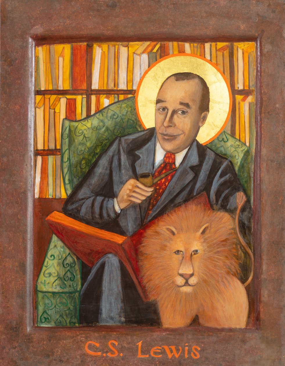 C. S. Lewis Ikona, 2021 (vaječná tempera, plátkové zlato, dřevo) od Christine Hales