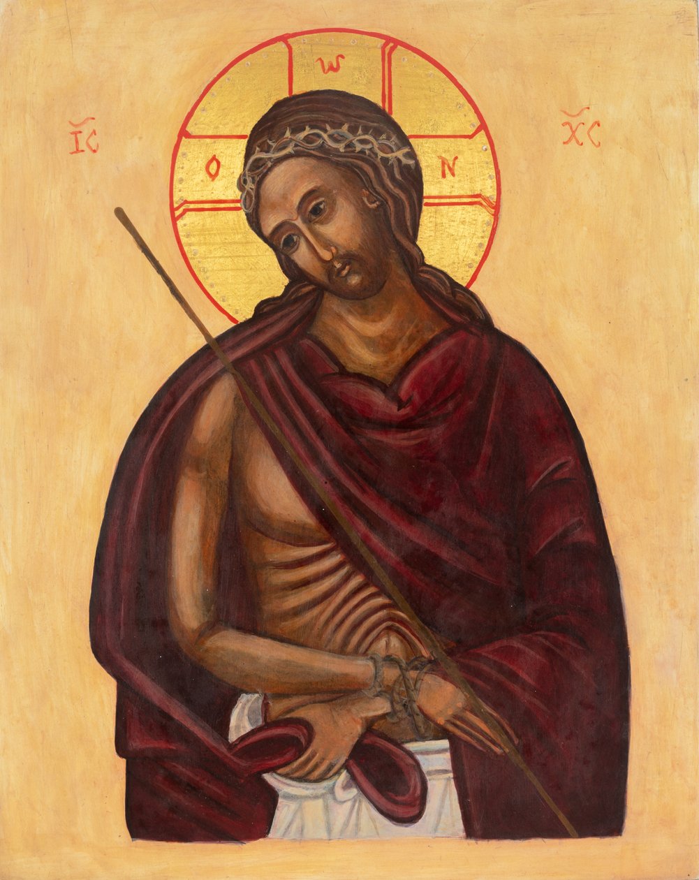 Ikona Bolestného muže, 2011 (vaječná tempera, plátkové zlato, dřevo) od Christine Hales