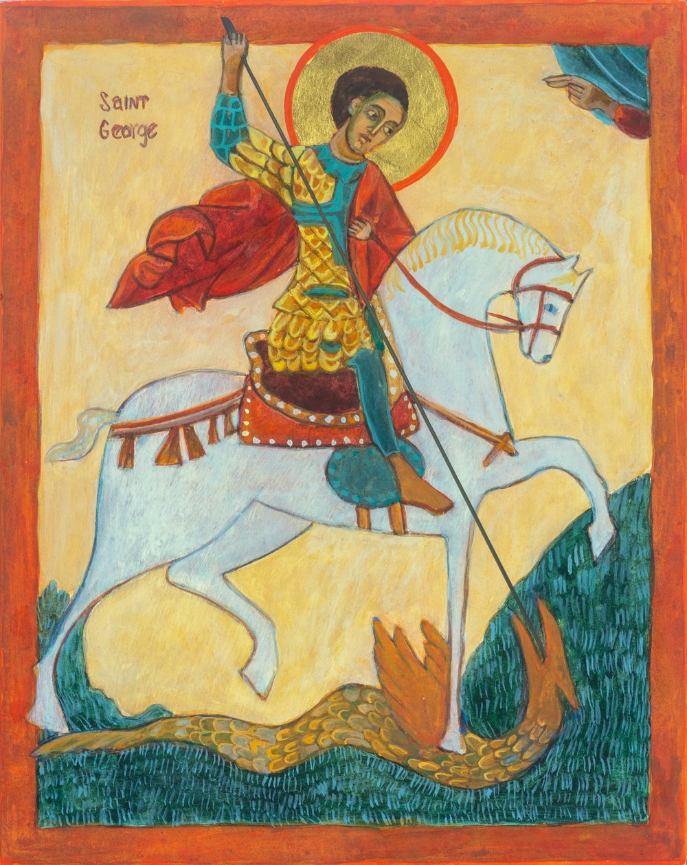 Svatý Jiří a drak, 2012 (vaječná tempera, plátkové zlato, dřevo) od Christine Hales