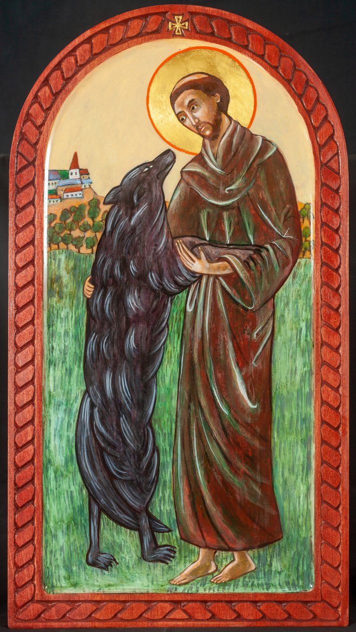 Svatý František a vlk, 2004 (vaječná tempera, dřevo, plátkové zlato) od Christine Hales