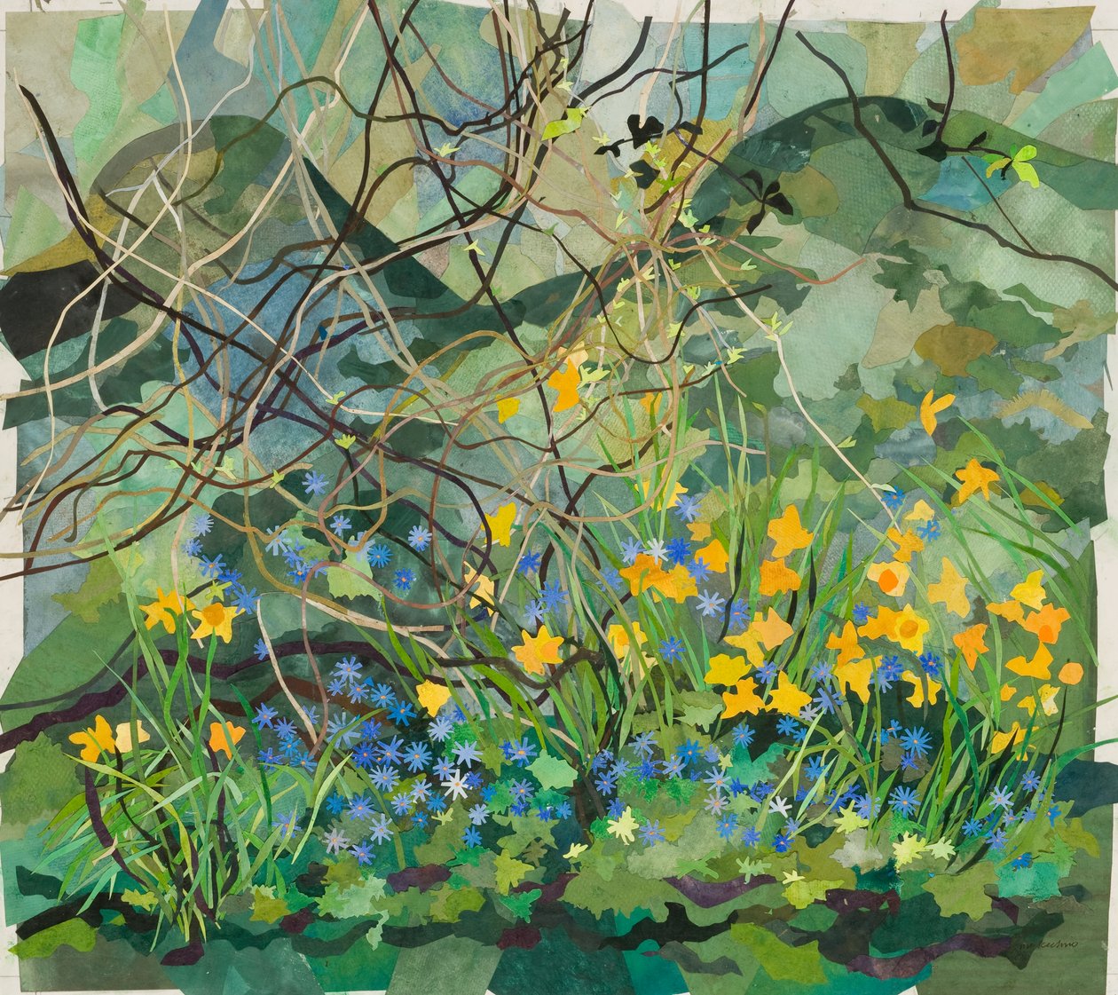 Cornerways Garden Narcisy a modré sasanky, 2013 (koláž z papíru malovaná akvarelem) od Christine McKechnie