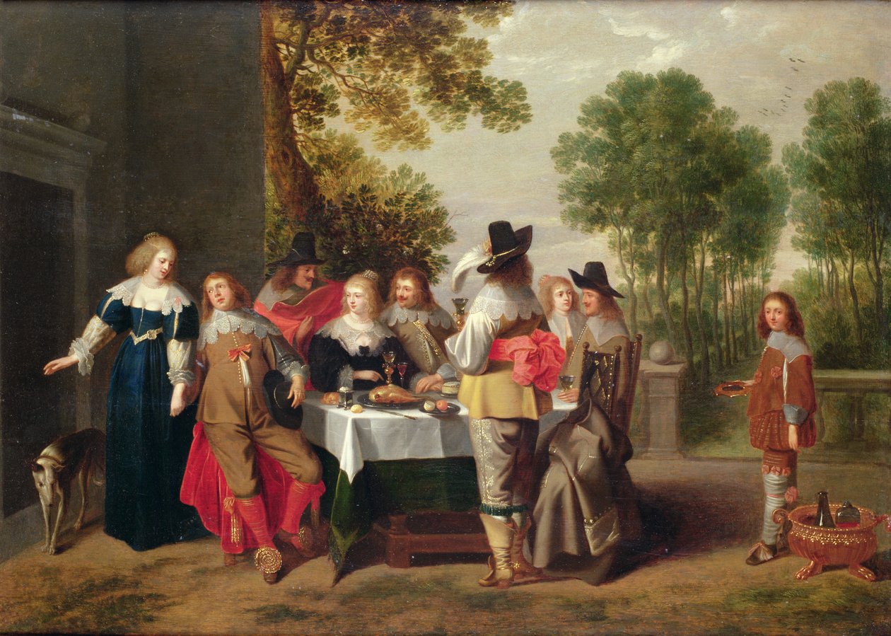 Elegantní společnost sedící u stolu ve formální zahradě (olej na marouflovaném panelu) od Christoffel Jacobsz van der Lamen