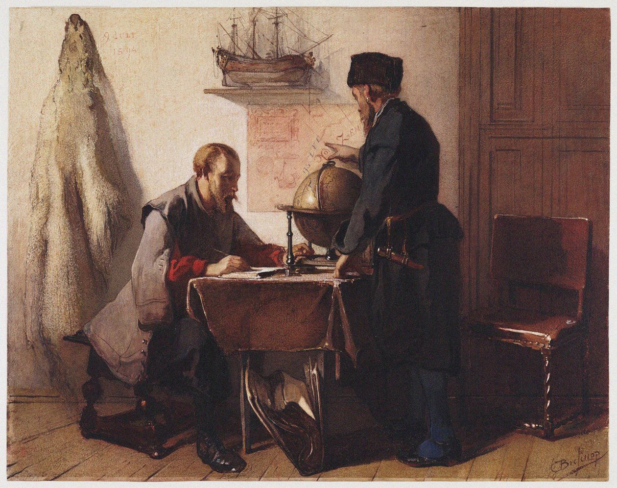 Jacob van Heemskerk a Willem Barendsz. naplánovat svou cestu do Arktidy v roce 1594 od Christoffel Bisschop