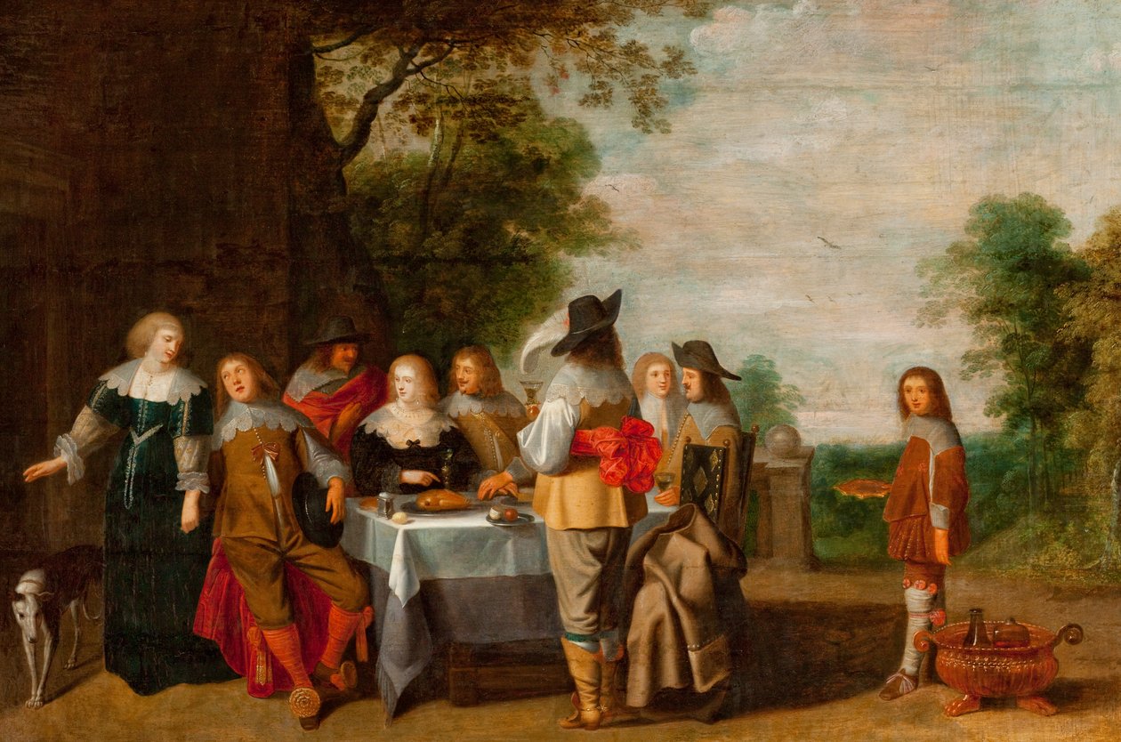 Společnost u stolu v parku (olej na plátně) od Christoffel Jacobsz Laemen van der