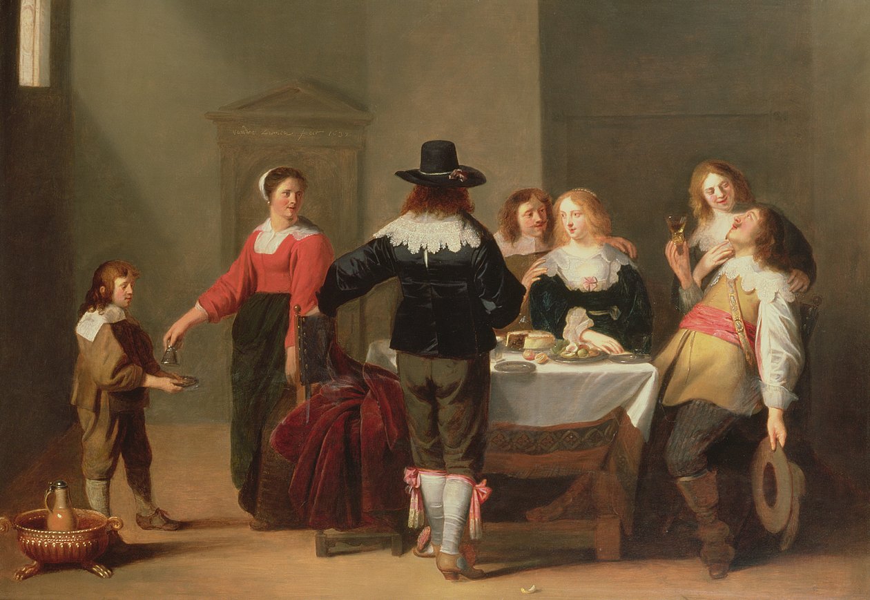 Interiér strážnice s vojáky, kteří jedí a pijí v ženské rotě, 1639 od Christoffel Jacobsz van der Lamen