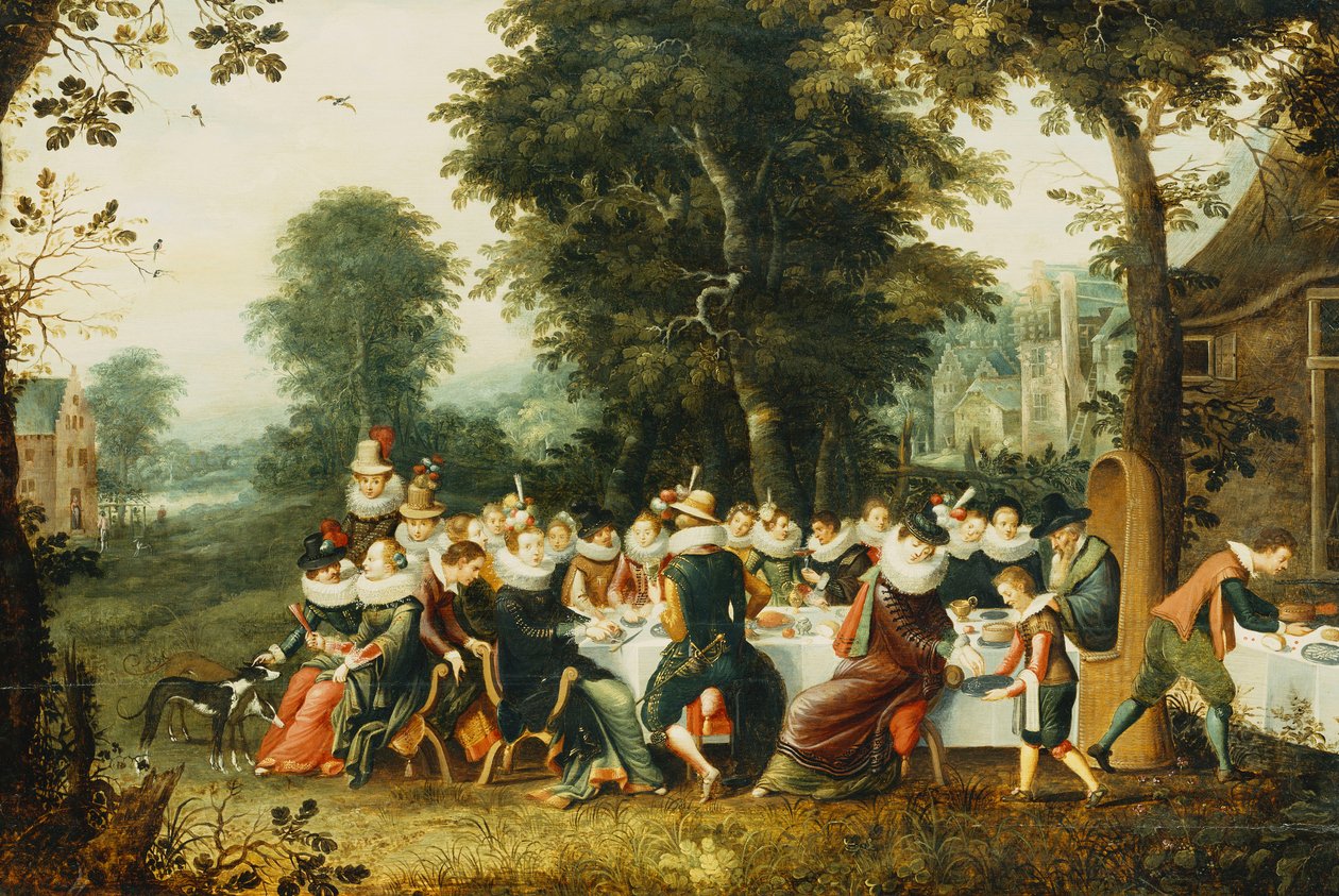 Elegantní postavy sedící u banketového stolu na zalesněné mýtině, od Christoffel Jacobsz van der Lamen