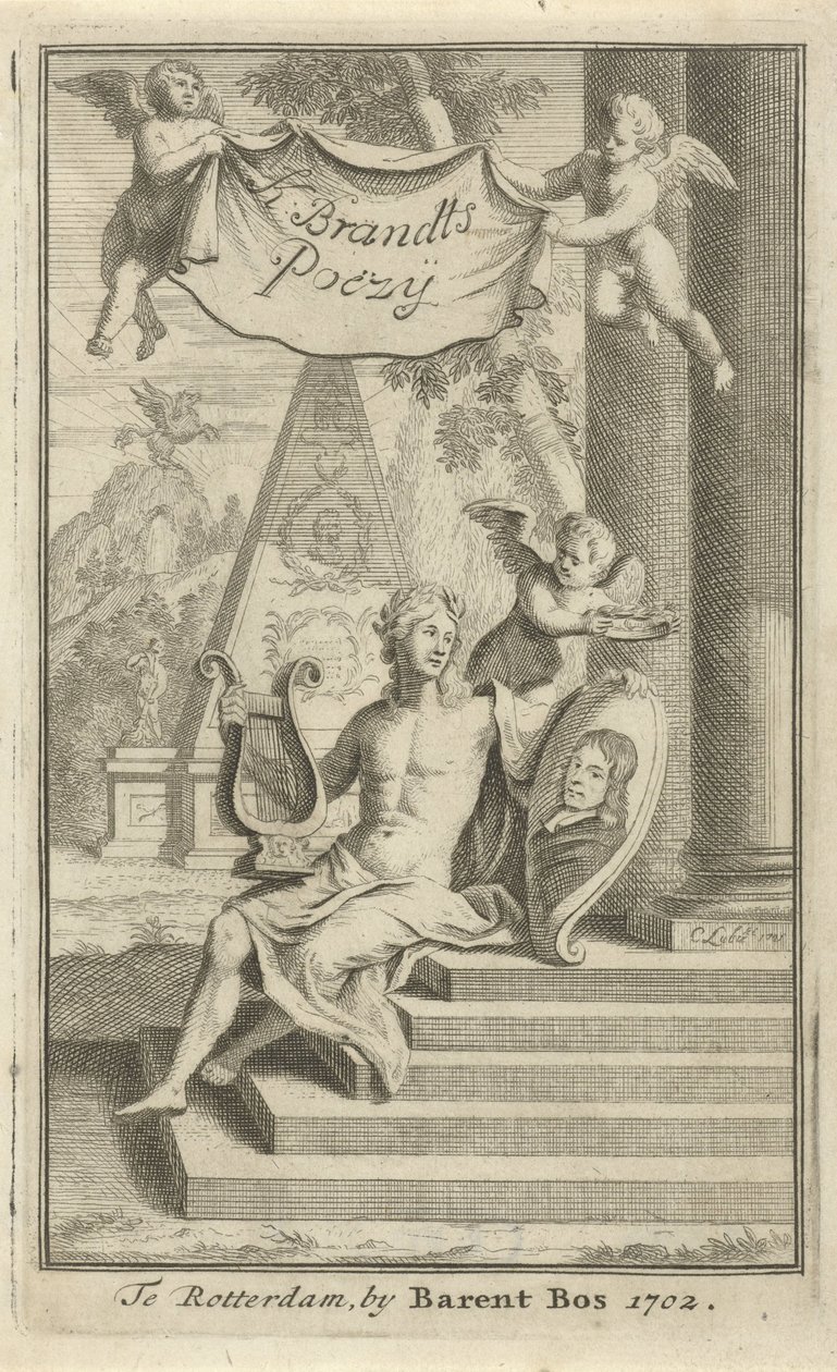 Apollo s portrétem Caspara Brandta Titulní list pro: K. Brandt, Poëzy, 1705 od Christoffel Lubienitzki