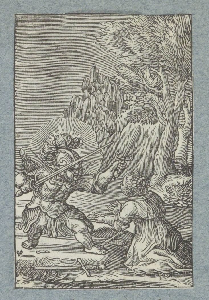 Dítě se vzdává andělu oblečenému jako rytíř Pia Desideria (název série) od Christoffel van Sichem (II)