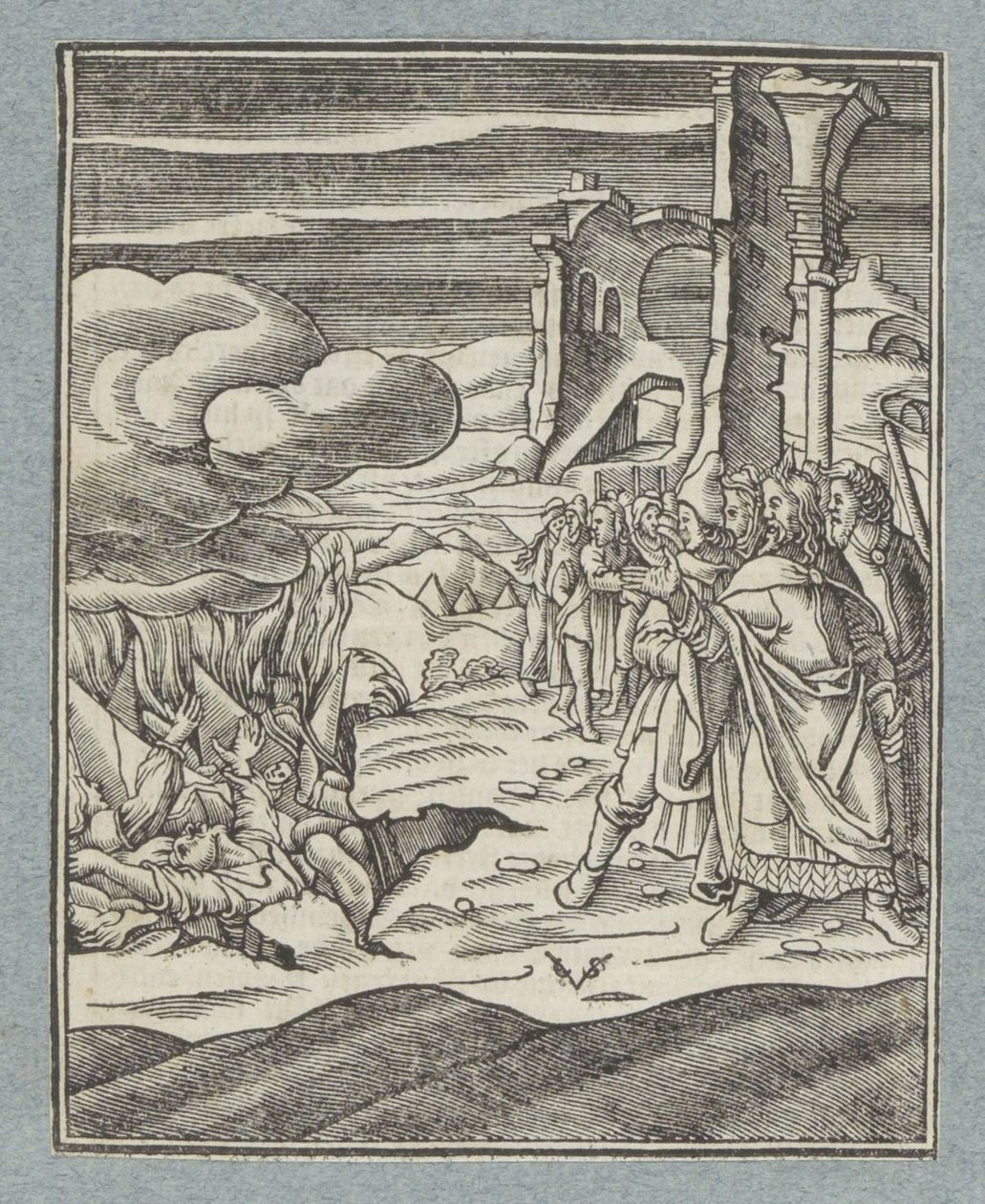 Kórach, Dátan a Abiram a jejich rodiny jsou pohlceni zemí od Christoffel van Sichem (II)