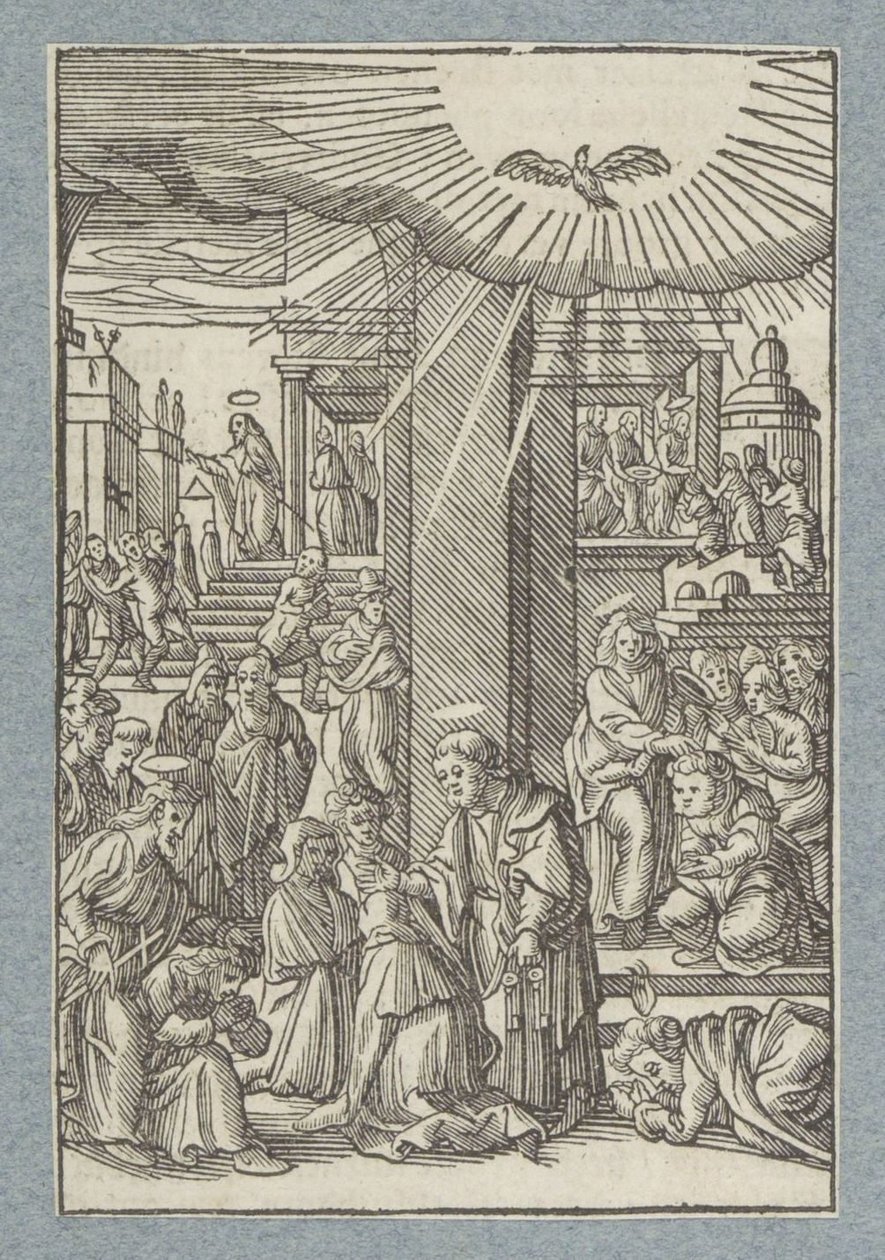 Petr, Jan a Filip žehnají věřícím v Samaří od Christoffel van Sichem (II)