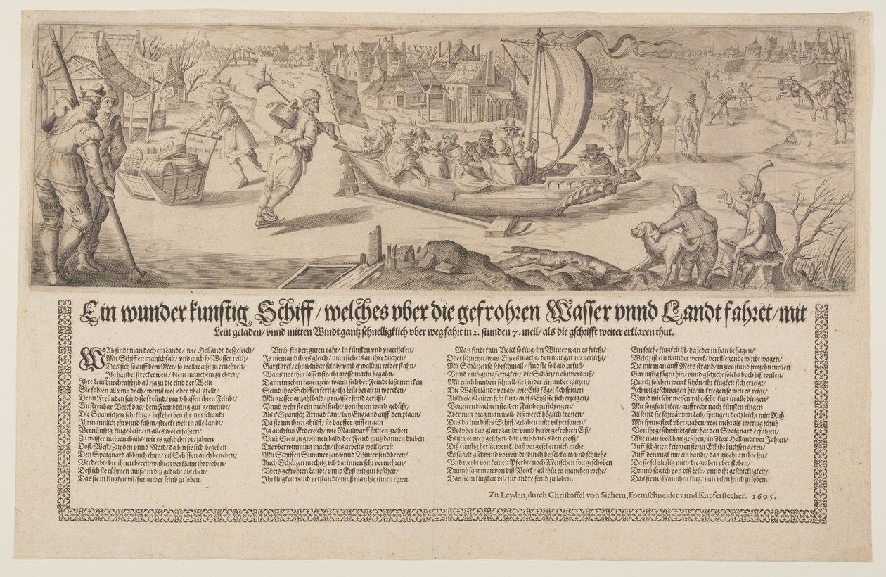 Broadside s bárkou plující po ledu od Christoffel van Sichem I