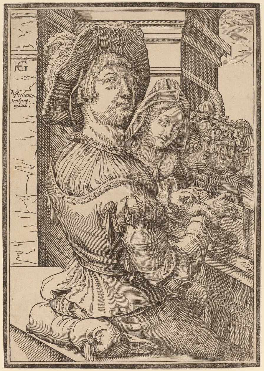 Mladý muž hrající na Psalterium od Christoffel van Sichem I after Hendrik Goltzius