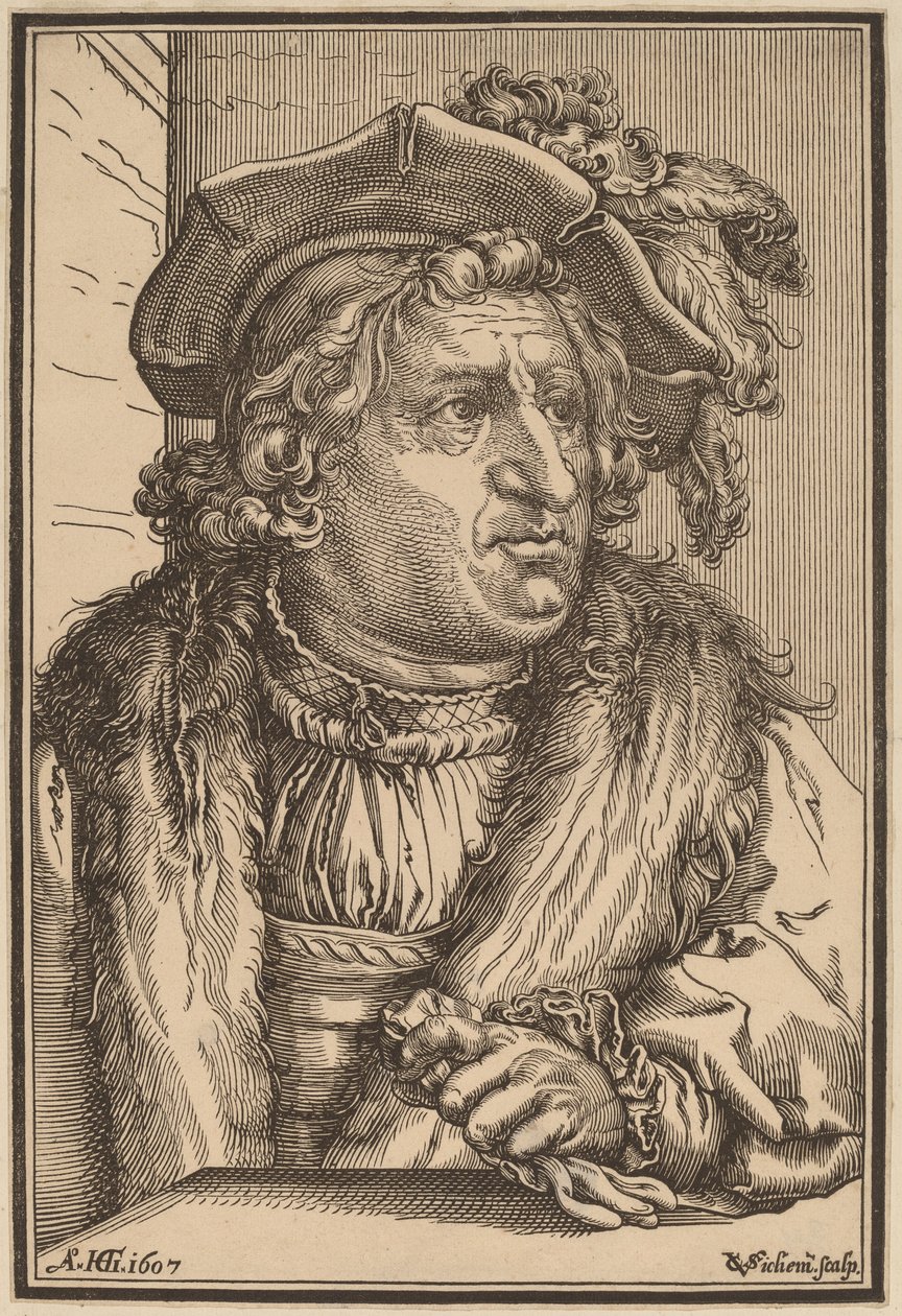 Muž s opeřenou čepicí od Christoffel van Sichem I after Hendrik Goltzius
