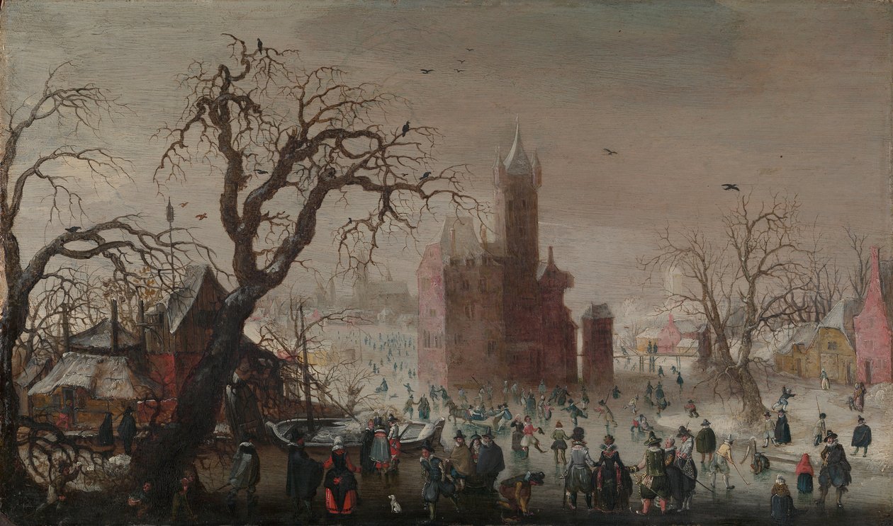 Zimní krajina s bruslaři a imaginárním hradem, ca. 1615-20. od Christoffel van den Berghe