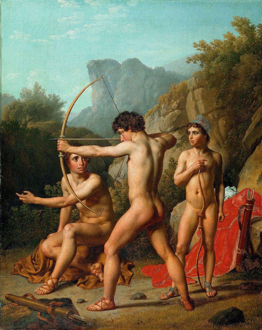 Tři sparťanští chlapci cvičící lukostřelbu od Christoffer Wilhelm Eckersberg