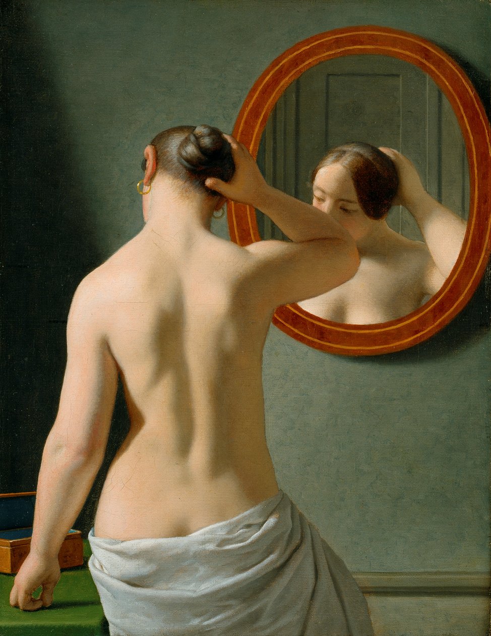 Nahá žena si upravuje vlasy před zrcadlem od Christoffer Wilhelm Eckersberg