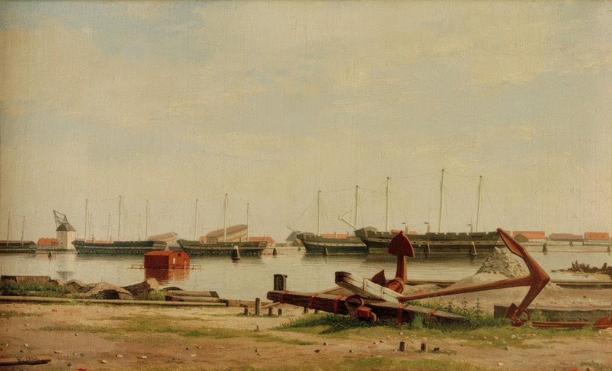Pohled na Nyholm s jeřábem a válečnými loděmi od Christoffer Wilhelm Eckersberg