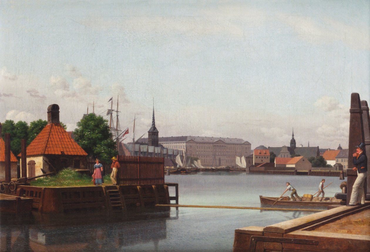 Dánsky: Børsen, Christiansborg, Holmens Kirke, set fra Asiatisk Kompagnis Plads Burza, Christiansborg a Holmenův kostel, pohled z místa, kde sídlila Asijská společnost. od Christoffer Wilhelm Eckersberg