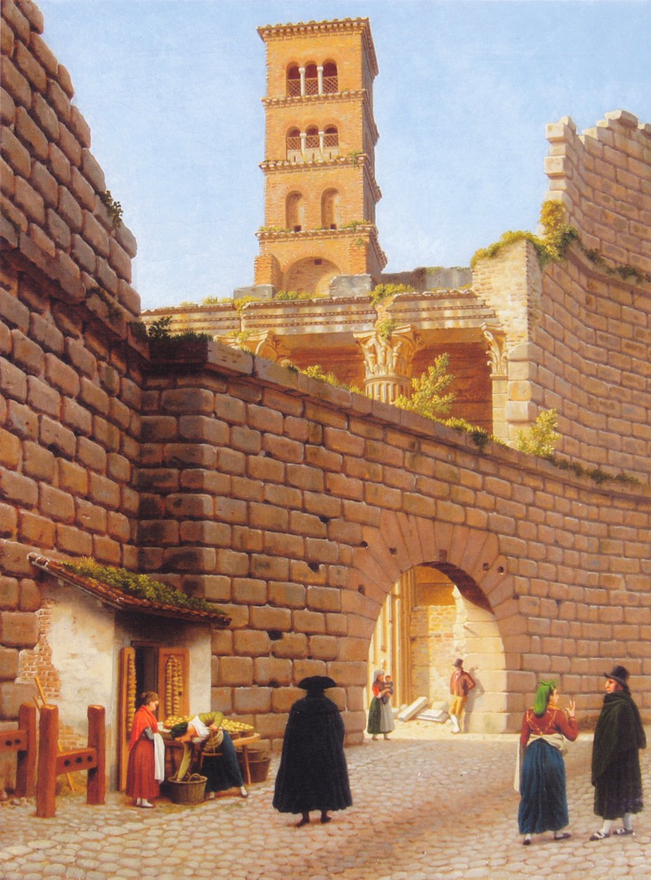 Zeď kolem Augustova fóra s chrámem Mars Ultor a kampanila kostela San Basilio v Římě. od Christoffer Wilhelm Eckersberg