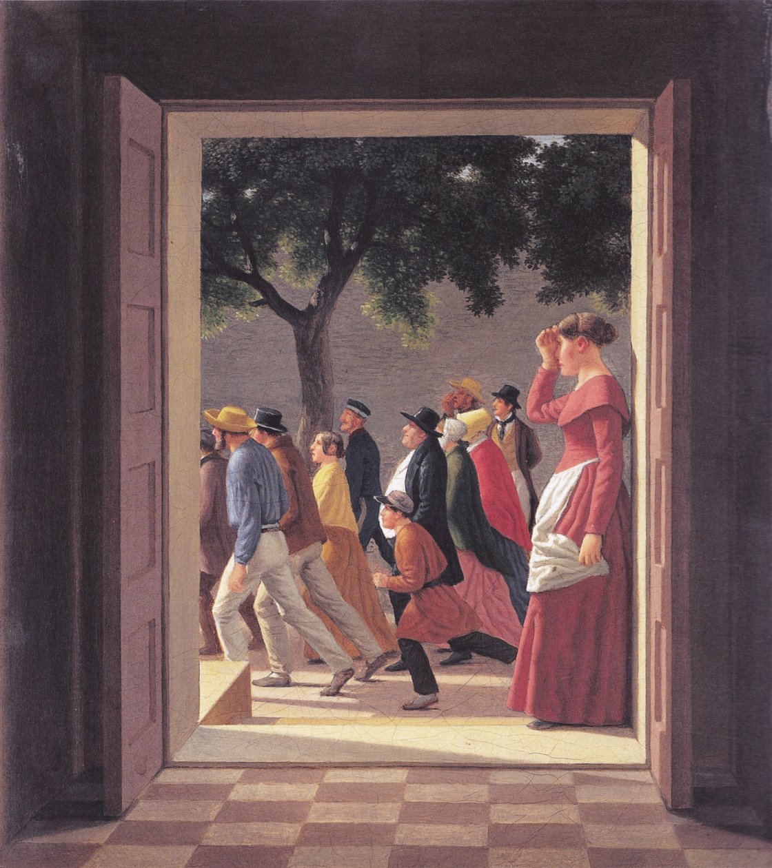 Pohled dveřmi na běžící postavy. od Christoffer Wilhelm Eckersberg