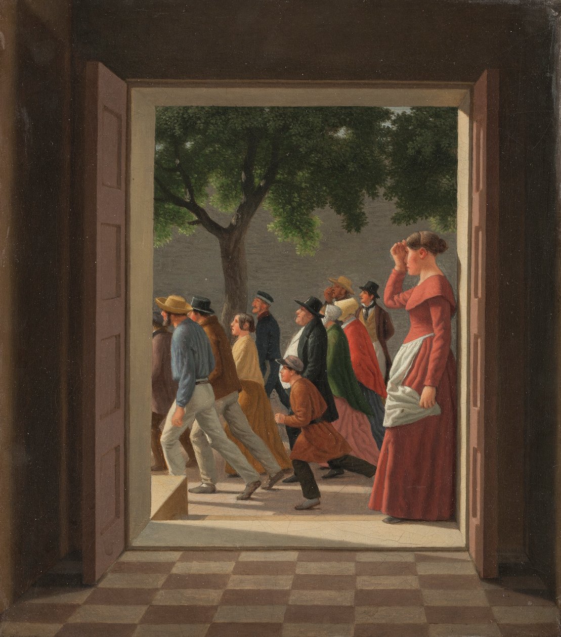 Pohled dveřmi na běžící postavy od Christoffer Wilhelm Eckersberg