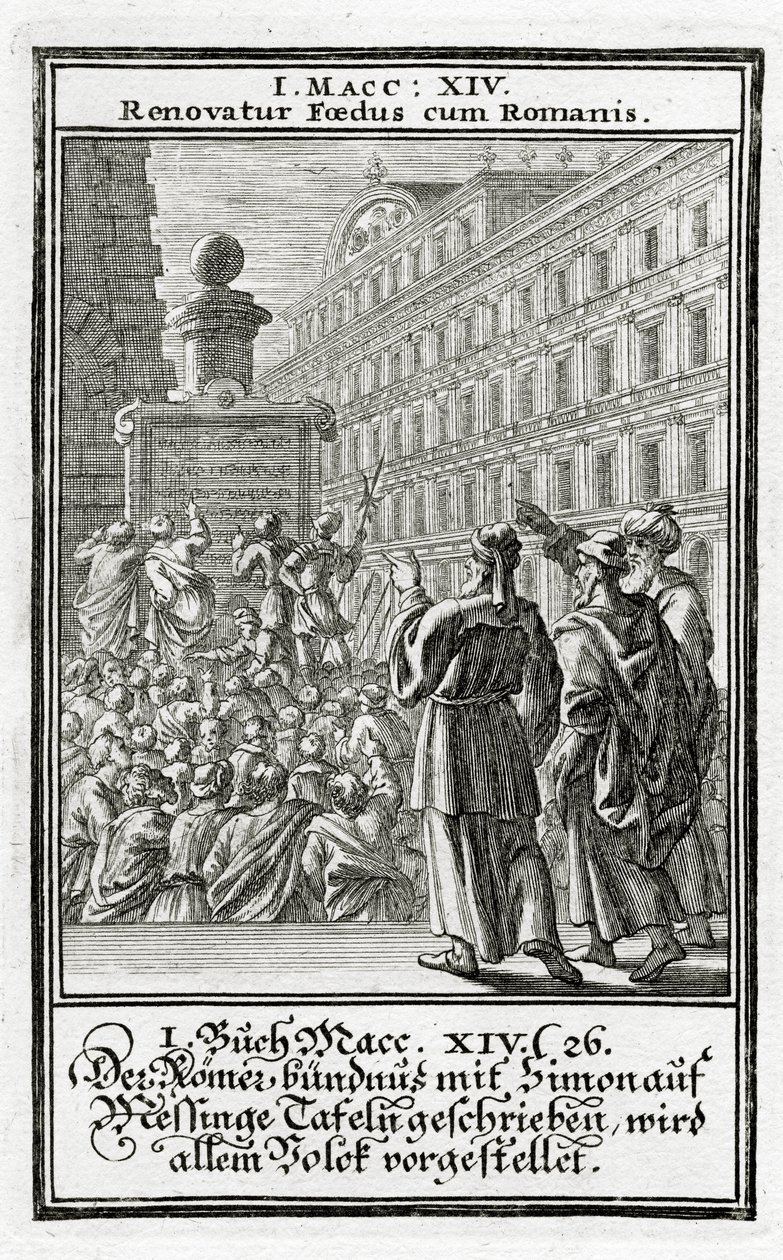 Římské spojenectví se Šimonem, napsané na měděných deskách, je předloženo lidu, 1 Makabejská 14:26, 1695 od Christoph Weigel