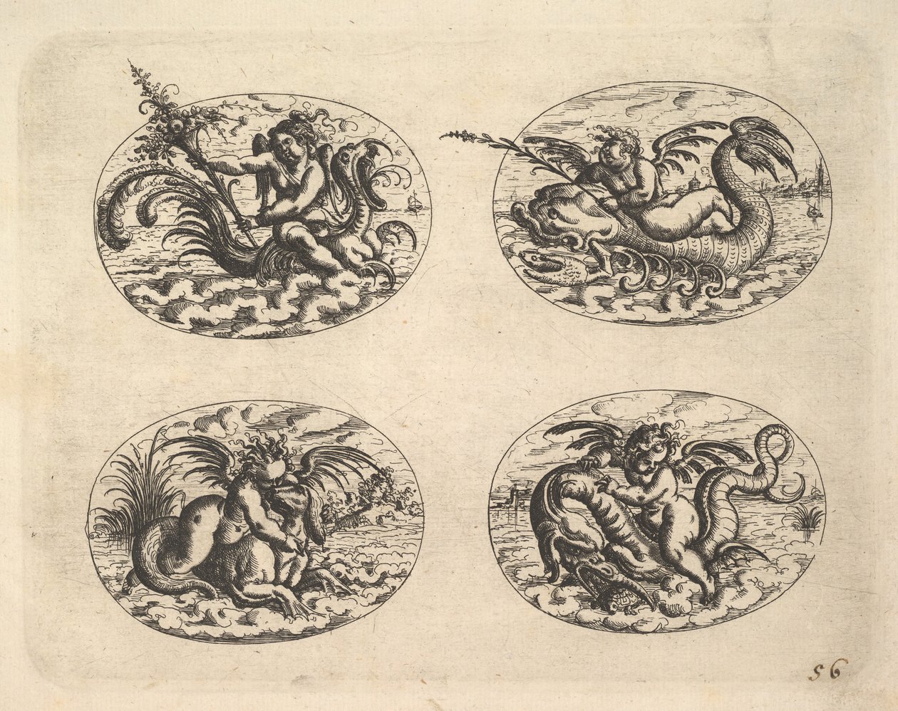 Čtyři ovály s Genii, desky z Neue Grotessken Buch, 1610. od Christoph Jamnitzer