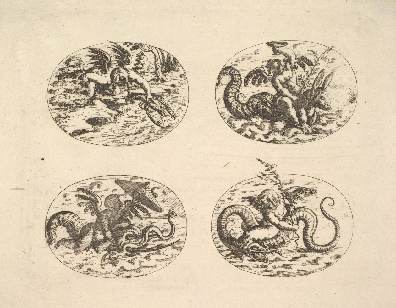 Putti s mořskými příšerami, talíře z Neue Grotessken Buch, 1610. od Christoph Jamnitzer