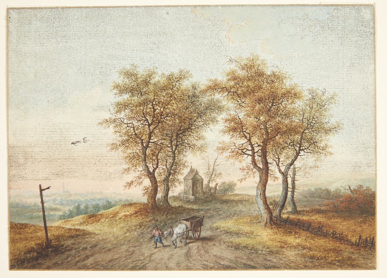 Krajina se stromy kolem polní cesty a kaple od Christoph Ludwig Agricola