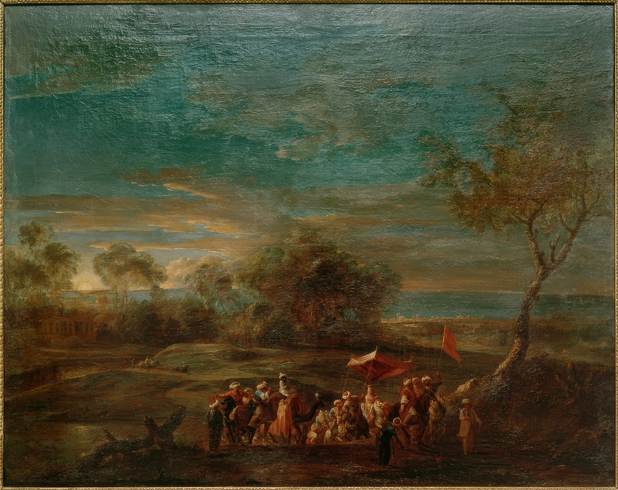 Ranní krajina s orientálním svatebním průvodem od Christoph Ludwig Agricola