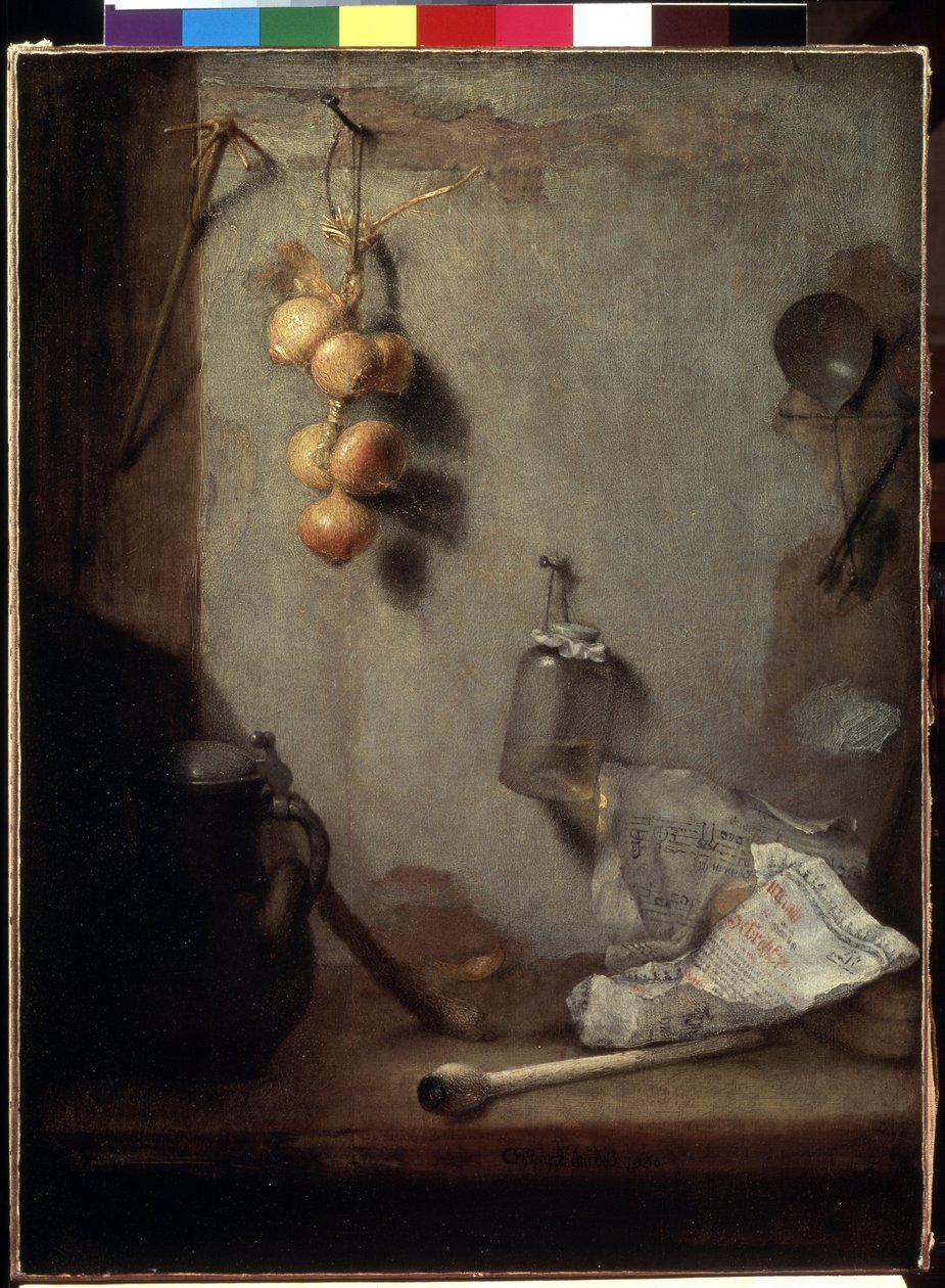 ""Zátiší"" (Zátiší) Cibule, kuchyňský stůl a sklenice"" Obraz od Christophera Paudisse (1630-1666) 1660 Rozměr. 62x46,5 cm Muzeum Ermitáž, Petrohrad od Christoph Paudiss