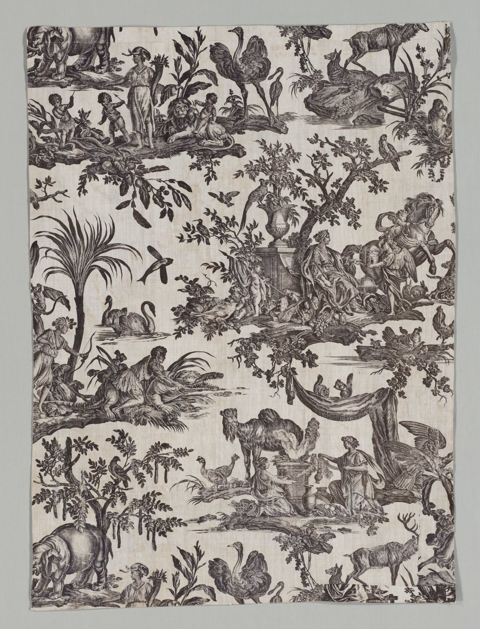 Fragment mědirytinové tištěné bavlny s Les quatres parties du monde Design, 1788. od Christophe Philippe Oberkampf