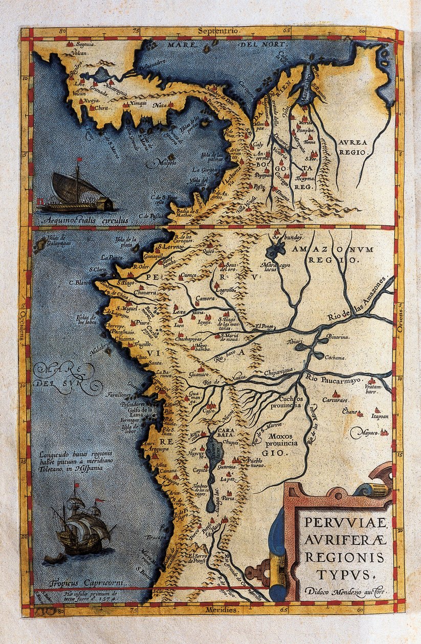 Mapa Peru, ze záznamů expedice Hernanda de Soto v roce 1570 od Christophe Plantin