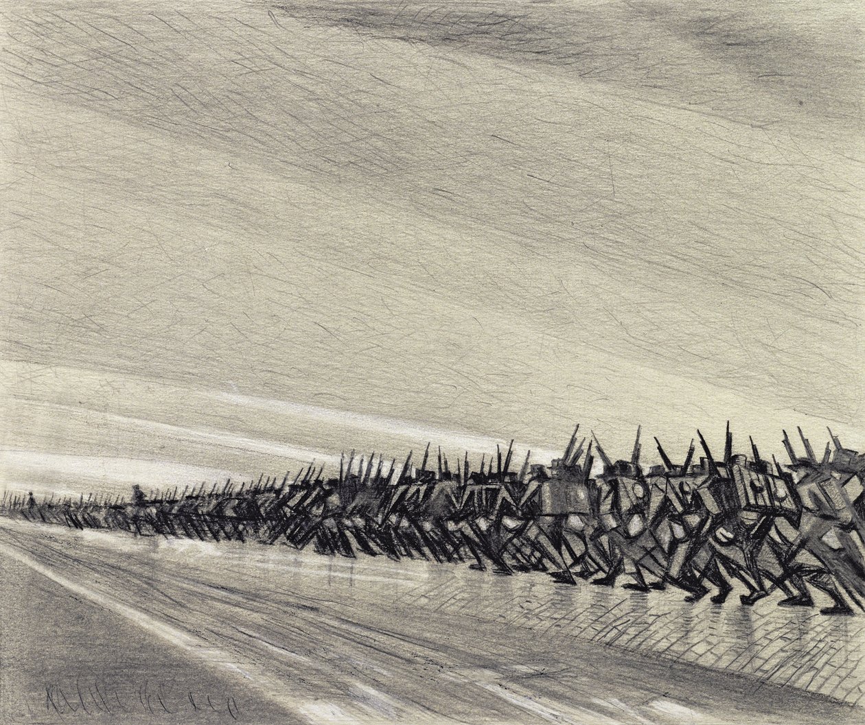 Studie k filmu "Kolona na pochodu", asi 1914 (černá a žlutá křída na pochodu) od Christopher Richard Wynne Nevinson