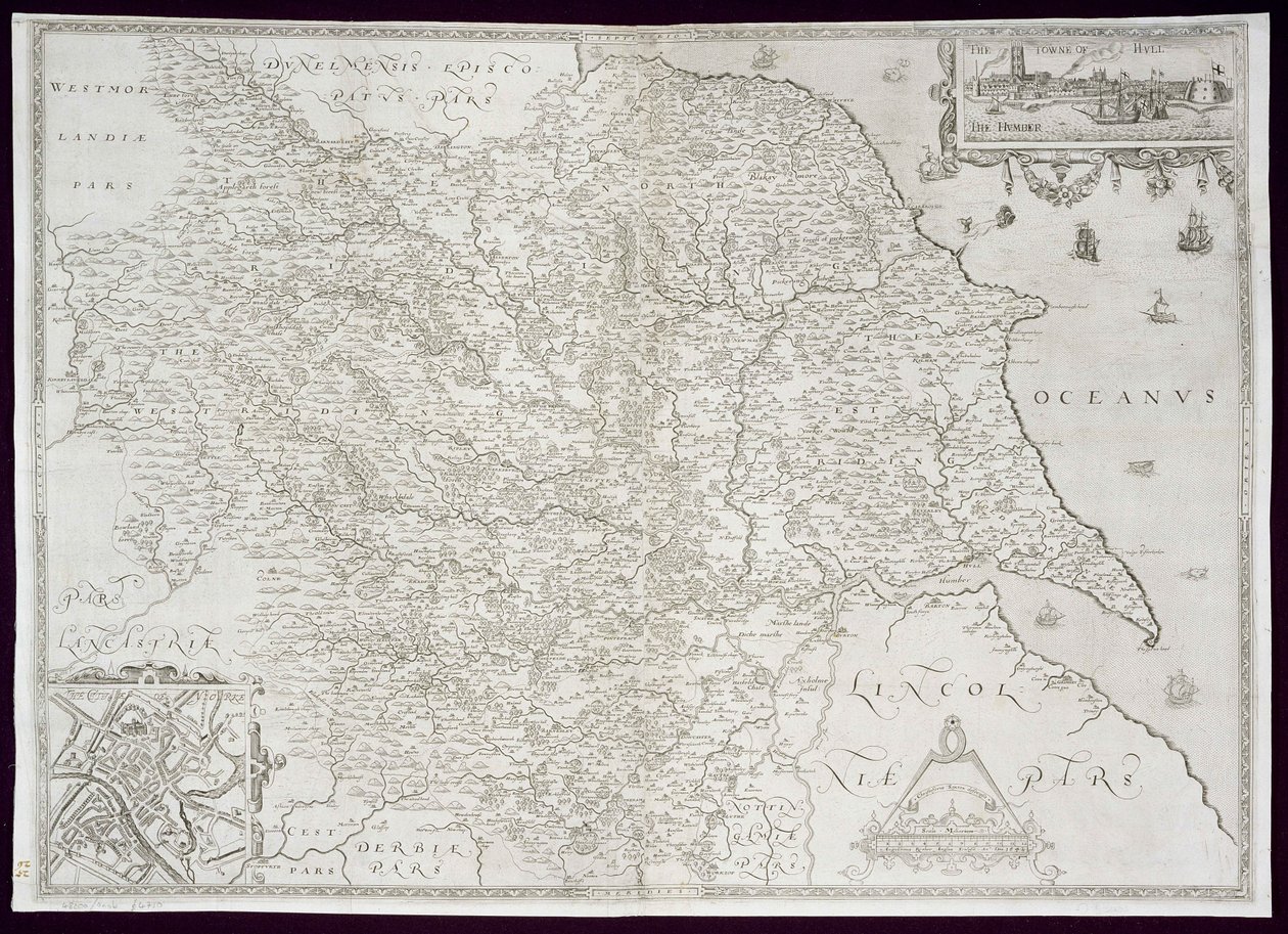 Mapa Yorkshire, vyrytá Williamem Webem, publikovaná v roce 1645 od Christopher Saxton