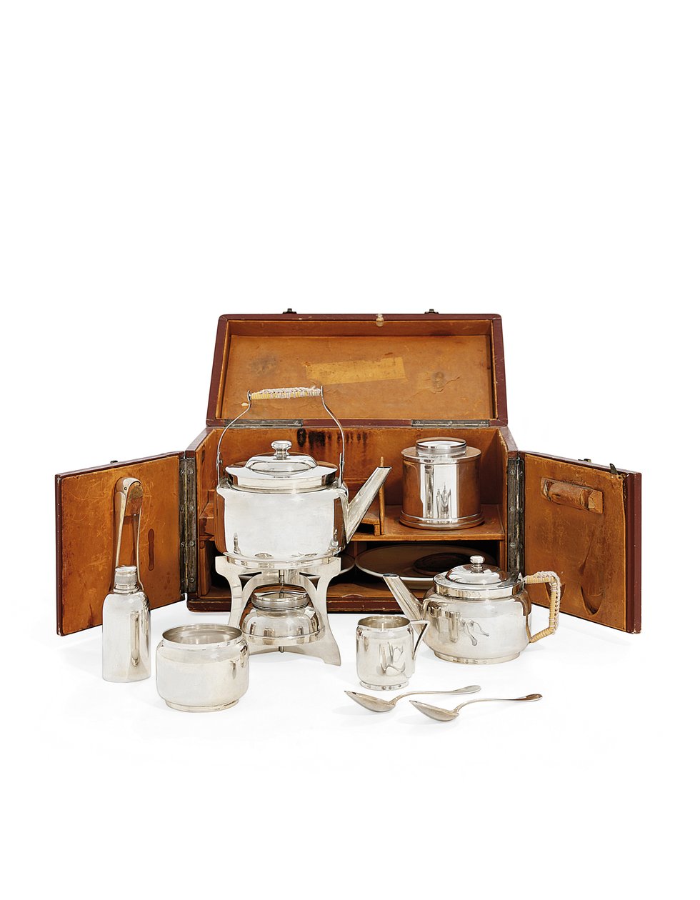 Piknikový set, značka Boulanger, Paříž, konec 19. století (stříbro a kůže) od Christopher (after) Dresser