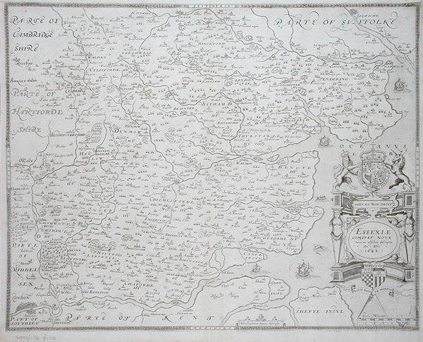 Mapa Essexu, vyrytá Williamem Webem, publikovala 1645 (rytina) od Christopher (after) Saxton