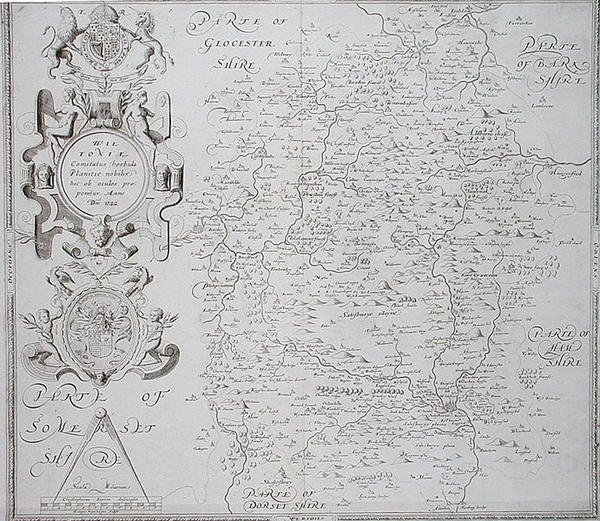 Mapa Wiltshire, vyryla William Web, publikovala 1645 (rytina) od Christopher (after) Saxton