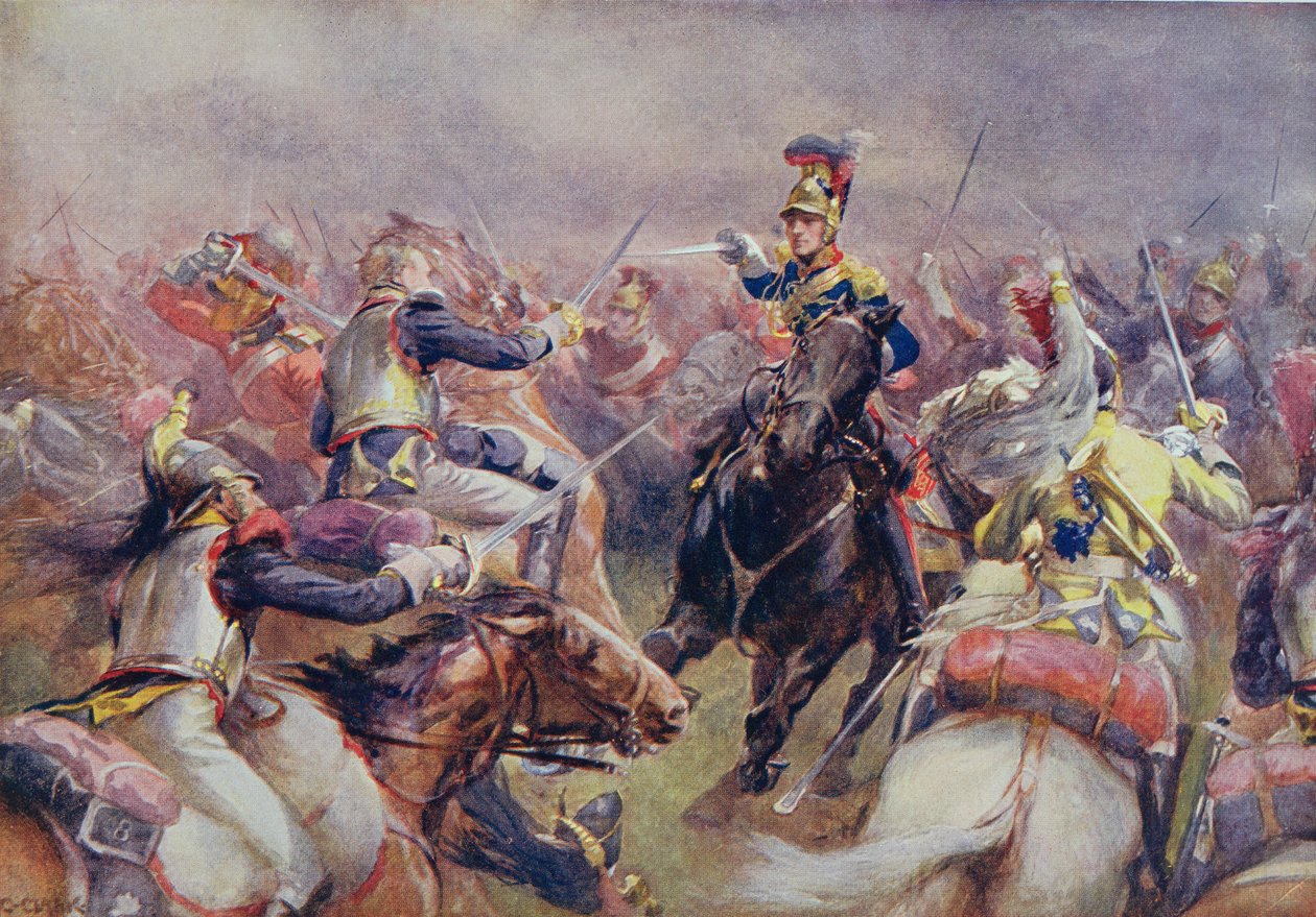 Poplatek těžké brigády proti francouzským kyrysníkům u Waterloo, z „Britských bitev na souši a na moři“, editoval sir Evelyn Wood (1838-1919), poprvé publikován v roce 1915 od Christopher Clark