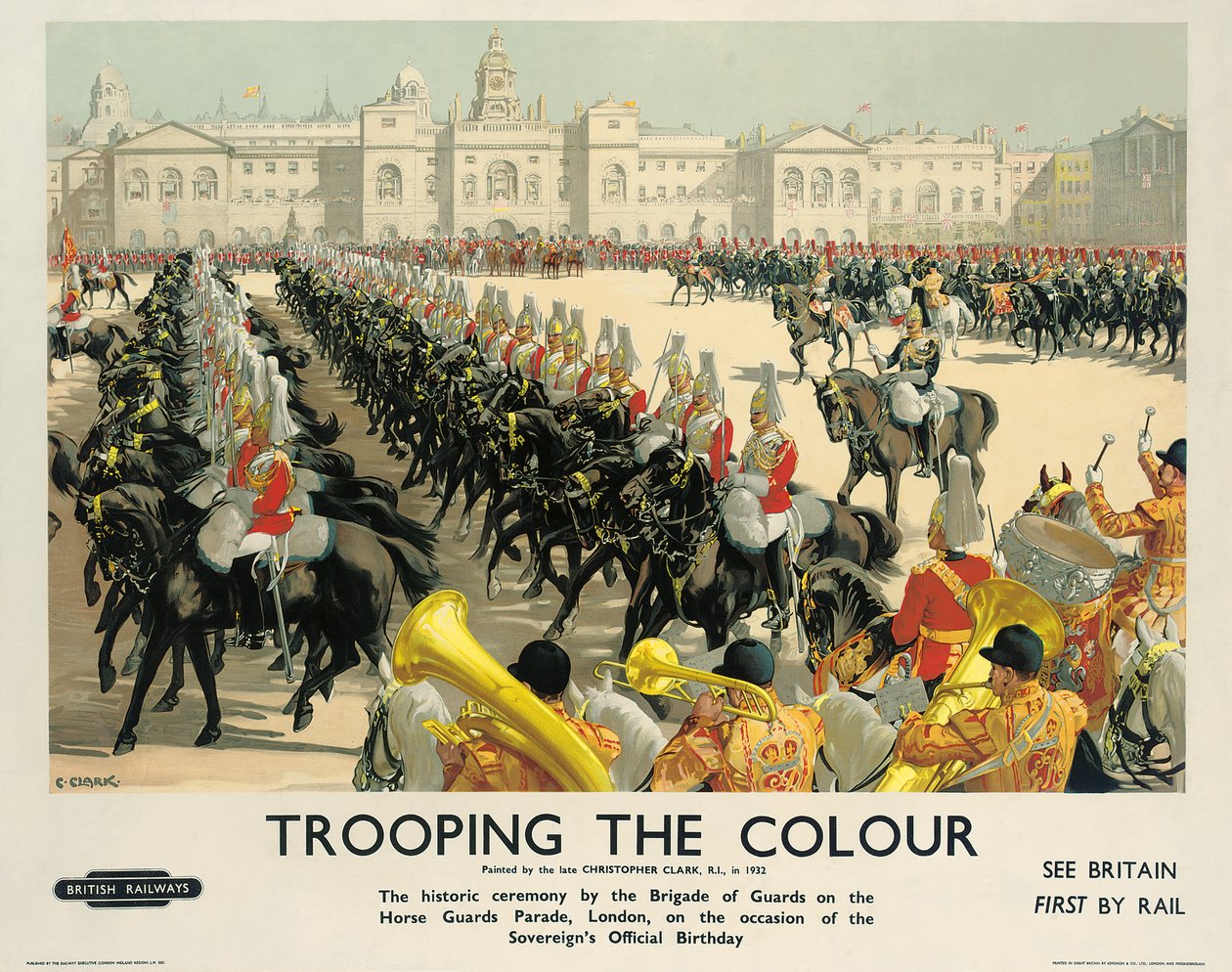 Trooping the Colour, reklamní plakát British Railways, cca 1950 (barevné lito) od Christopher Clark