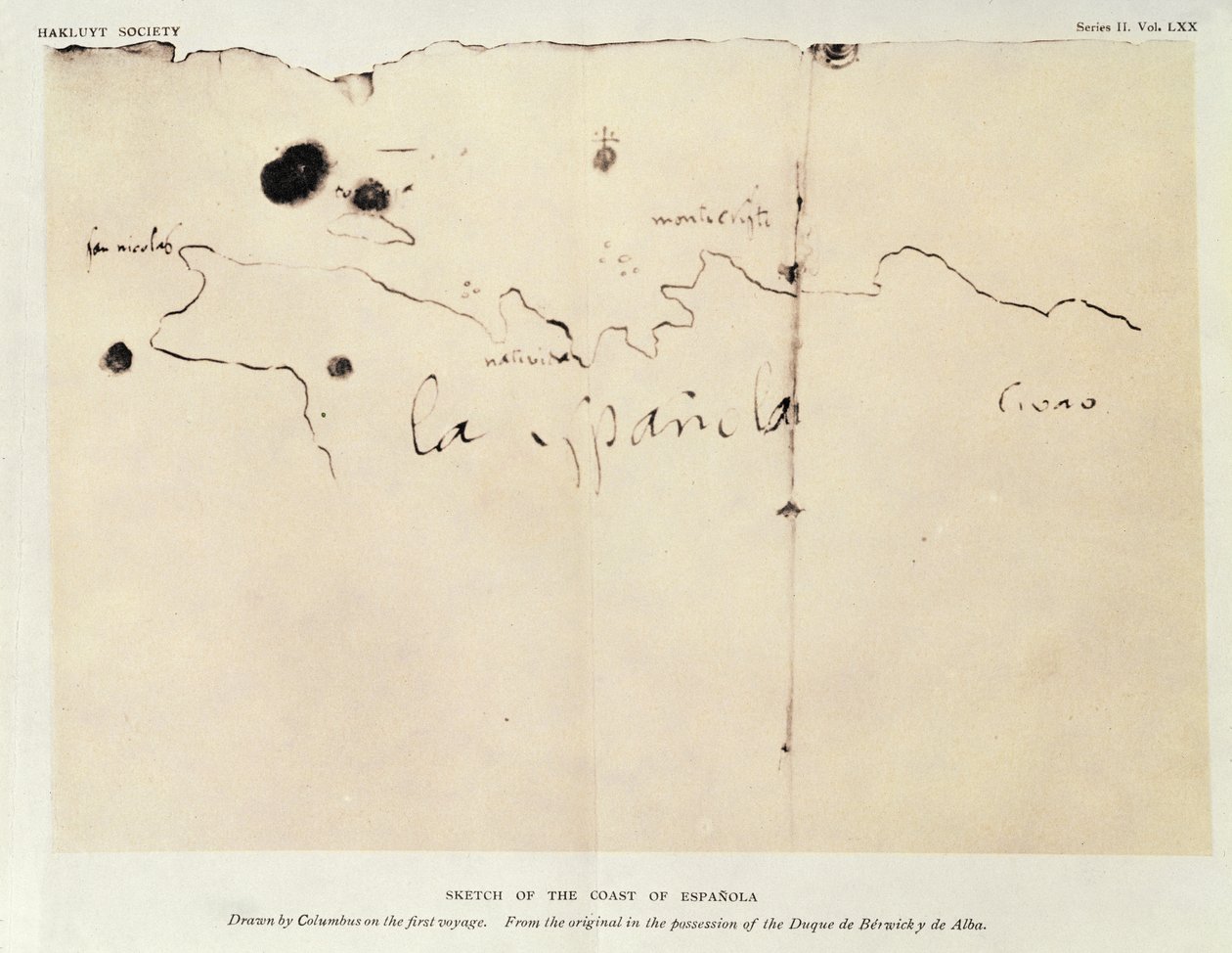Náčrt pobřeží Espanola, nakreslený Kolumbem při první plavbě, z originálu v držení vévody de Berwick y de Alba, 1492 (tuš na papíře) od Christopher Columbus
