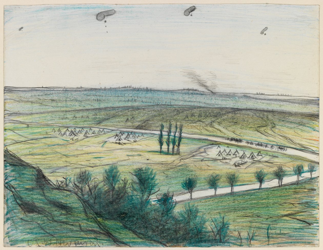 Krajina s pozorovacími balónky, 1914-18 (tužka a pastel na papíře) od Christopher Richard Wynne Nevinson