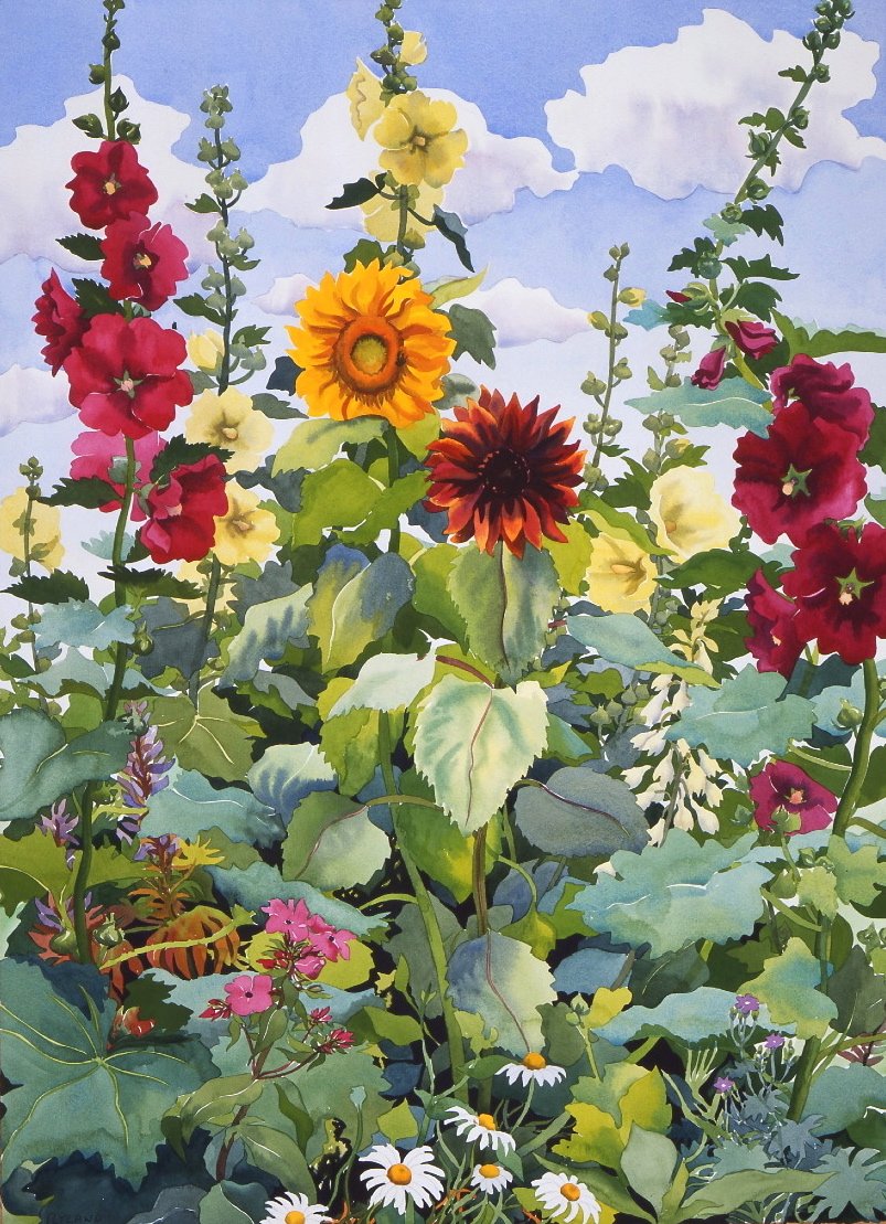 Hollyhocks and Sunflowers, 2003 (akvarel na papíře) od Christopher Ryland