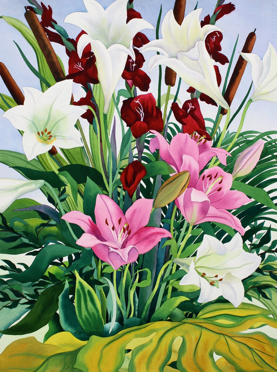 Lilie a Bullrushes (akvarel na papíře) od Christopher Ryland