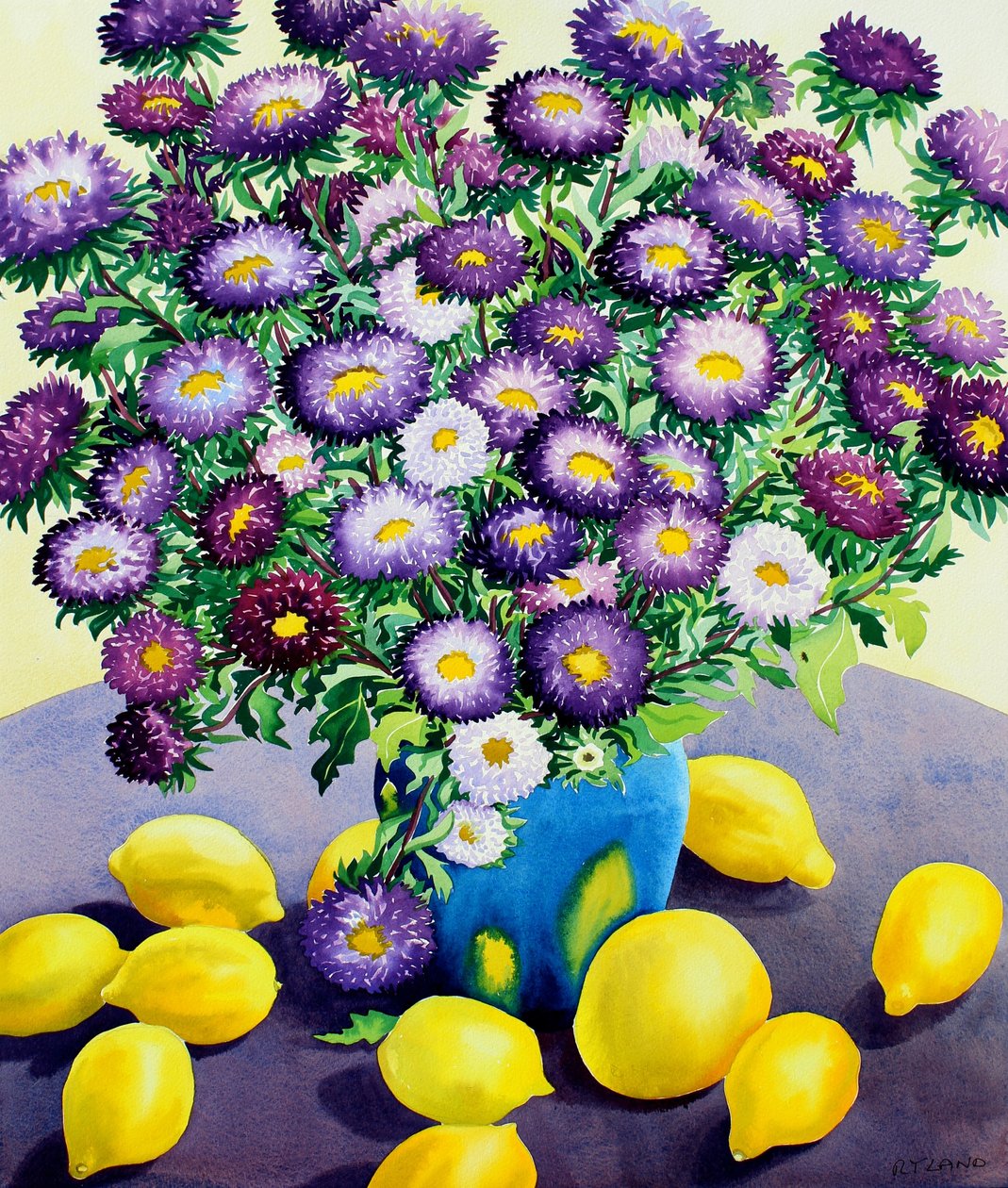 Fialové astry a citrony (akvarel na papíře) od Christopher Ryland