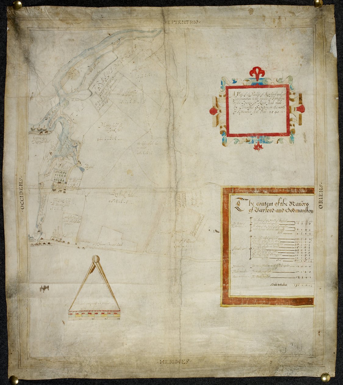 Mapa panství Bayford a Goodmanston v Murstonu a Sittingbournu, okr. Kent: 1590 (tuš a barevná lazura na pergamenu) od Christopher Saxton