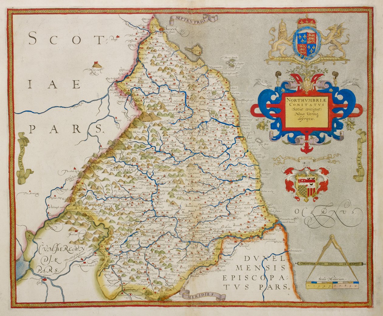 Mapa Northumbrie, z „Atlasu Anglie a Walesu“ od Christopher Saxton