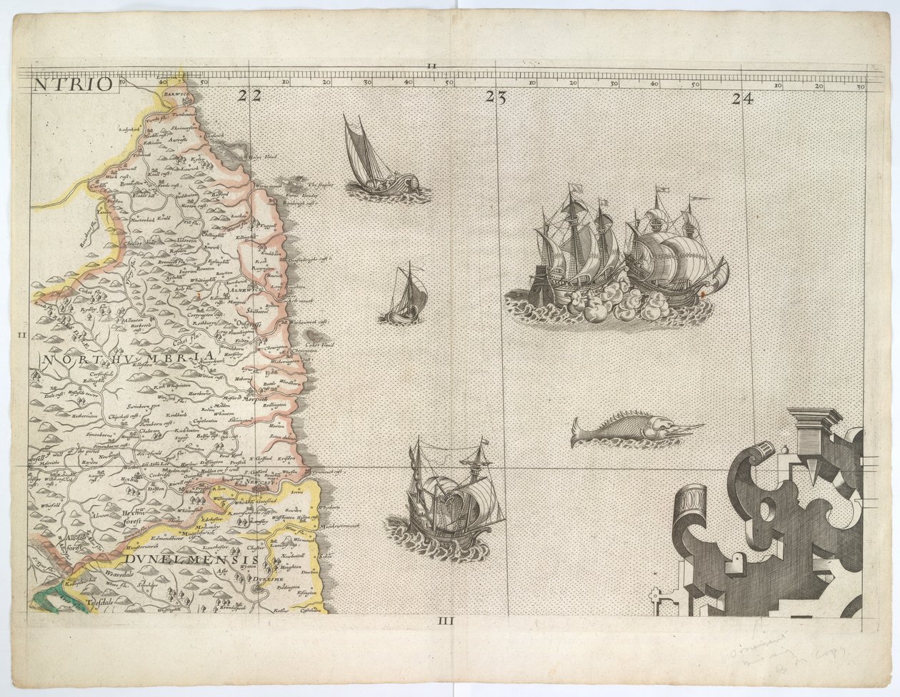 Northumbria a severovýchodní Anglie ze Saxtonovy nástěnné mapy z roku 1583 (rytina) od Christopher Saxton